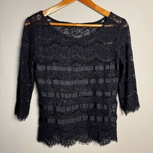 Philosophy Blues Original Women's 3/4 Sleeve Crochet Lace Sheer Top Black Size 8